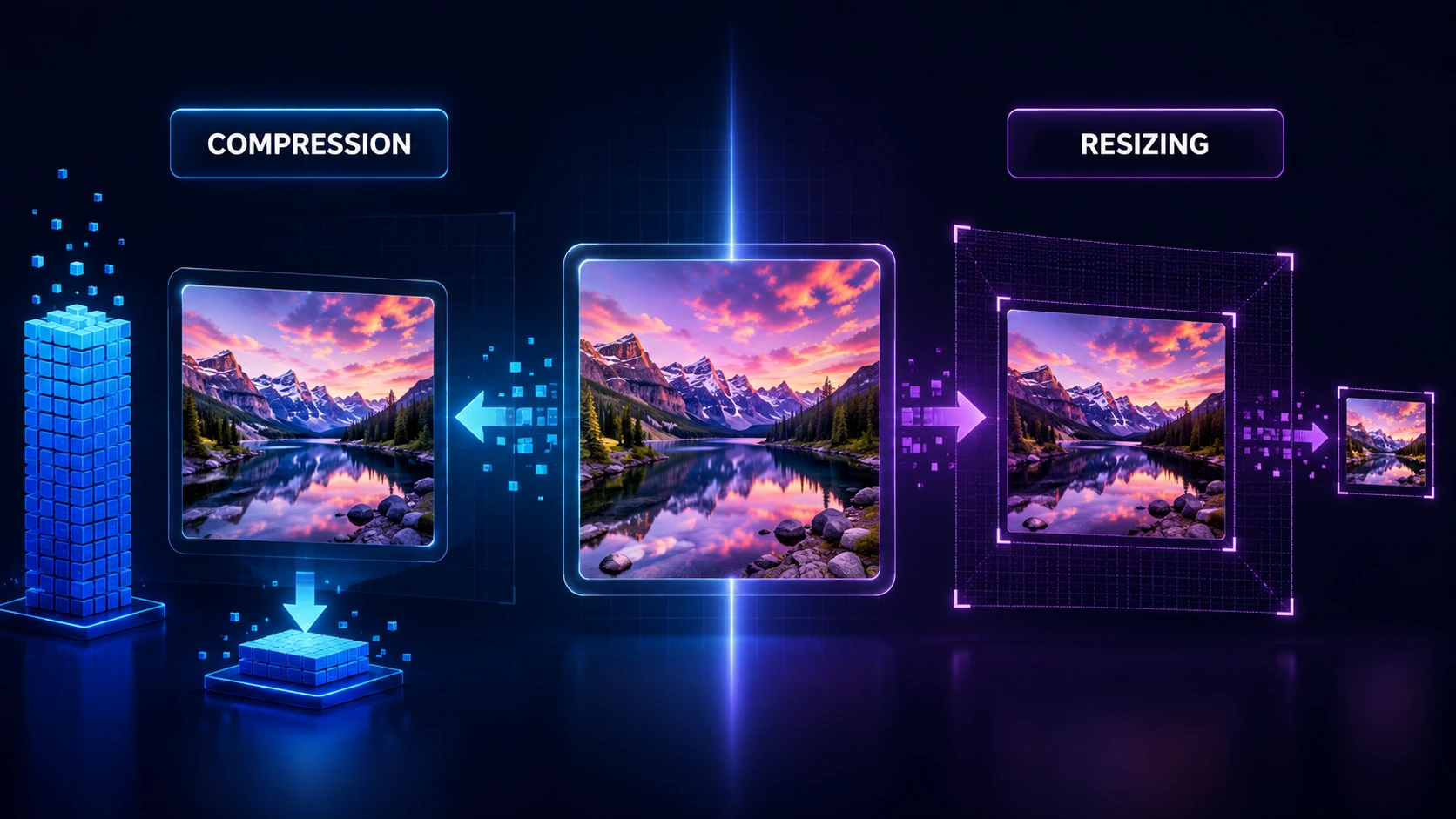 Image compression vs image resizing comparison showing file size and pixel dimensions