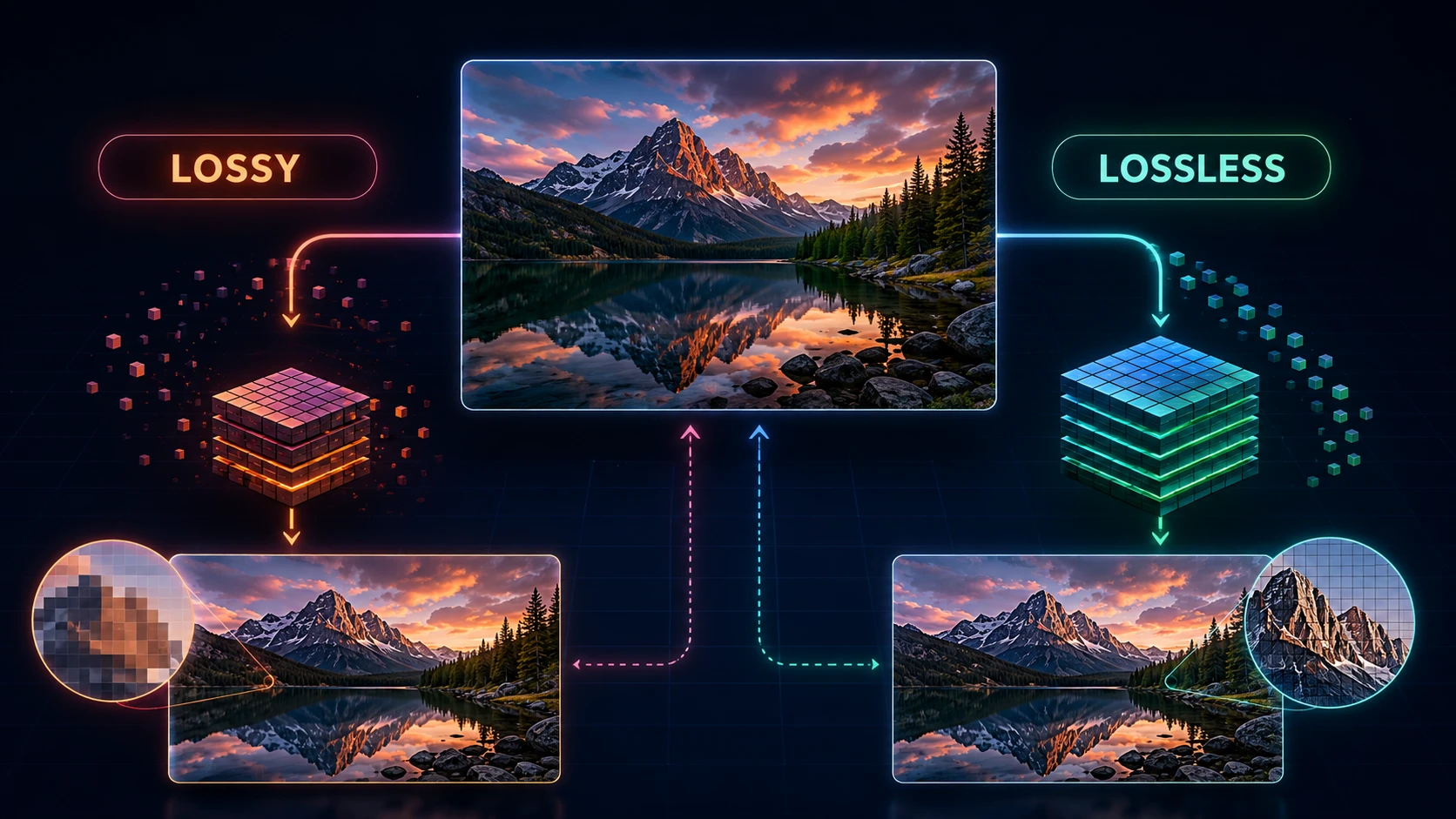 Lossy vs lossless image compression comparison showing file size and image detail