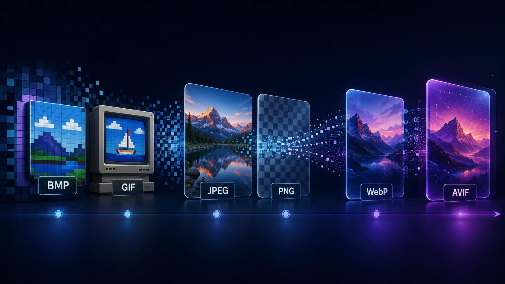 Timeline of digital image formats evolving from BMP and GIF files to JPEG, PNG, WebP and AVIF