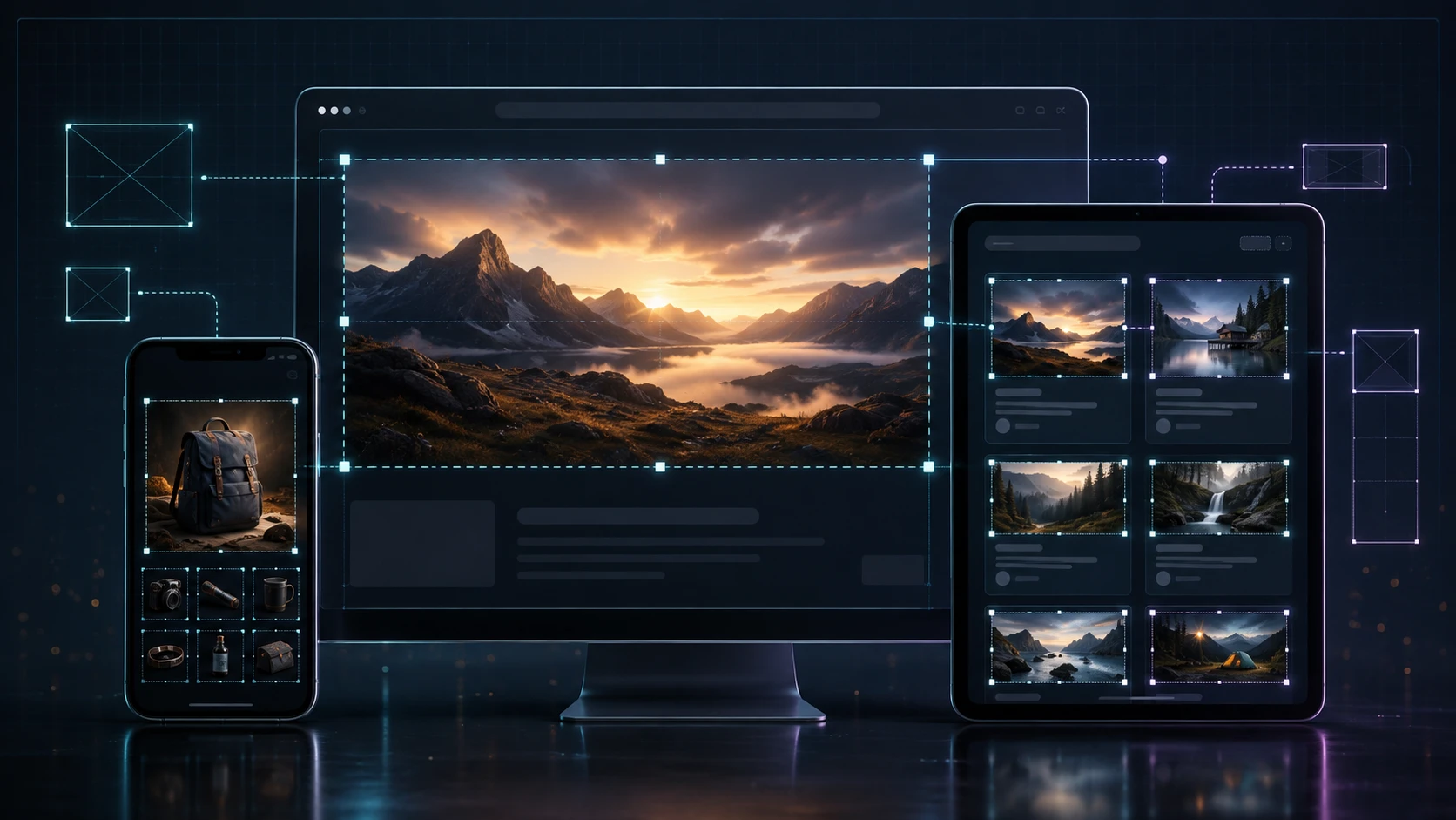 Website layout showing correctly sized hero, blog and ecommerce product images across desktop, tablet and mobile screens