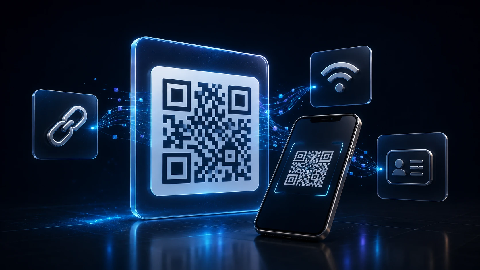 Custom QR code displayed beside URL, WiFi and contact options in an online QR code generator