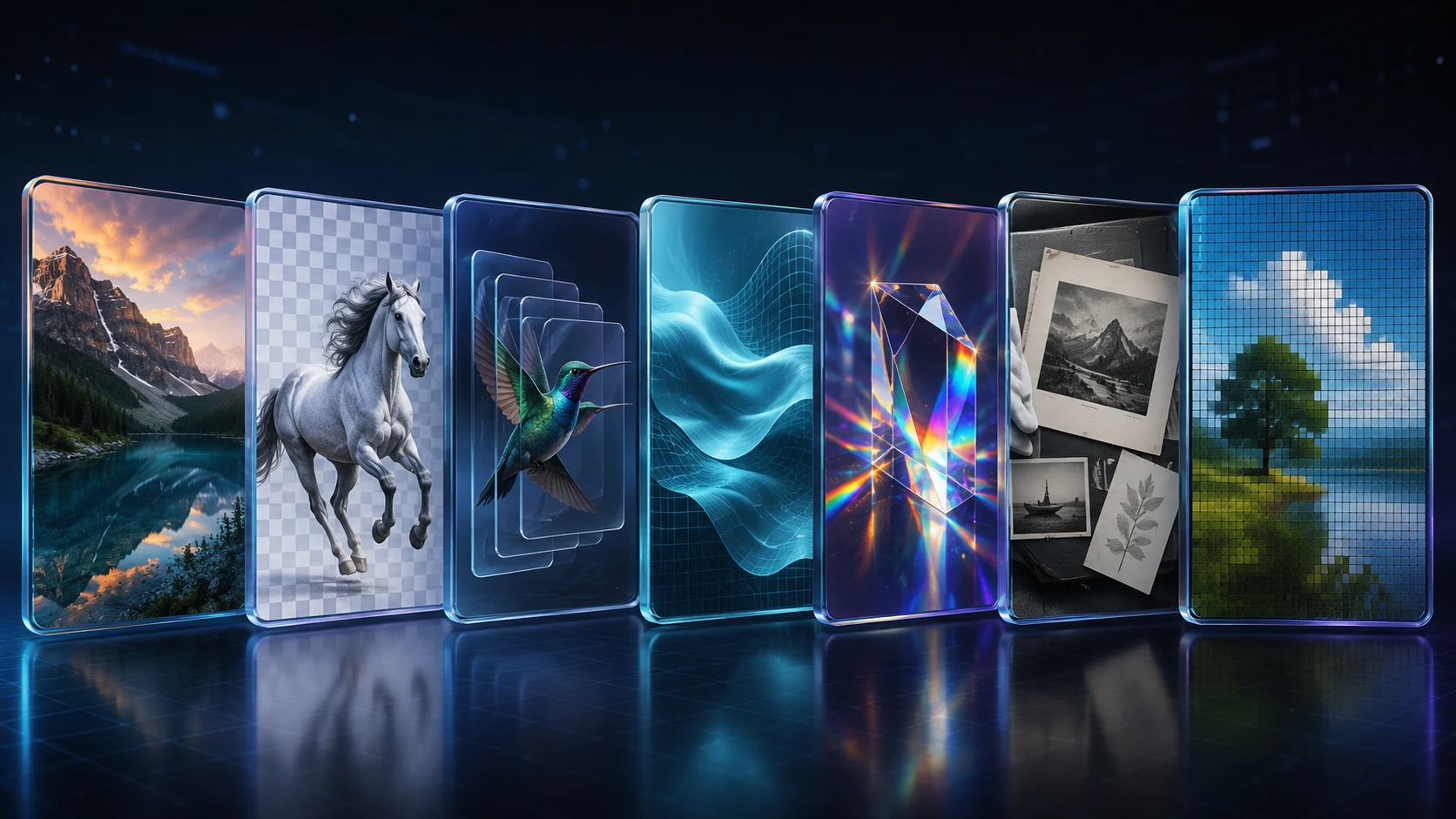 Seven image file types represented as colorful digital image cards with different extensions and visual characteristics