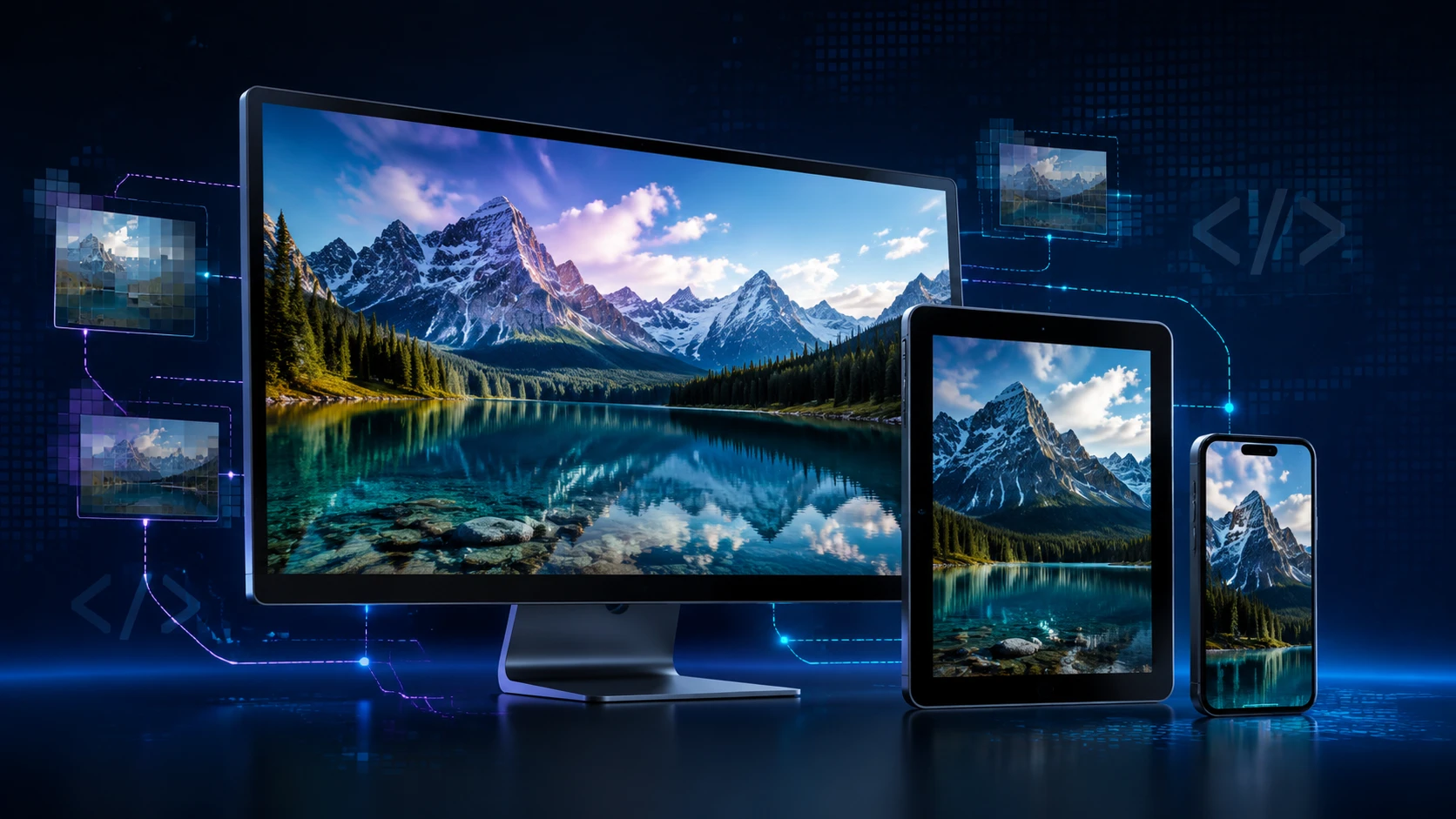 Responsive images HTML code adapting one photograph to desktop, tablet and mobile screens
