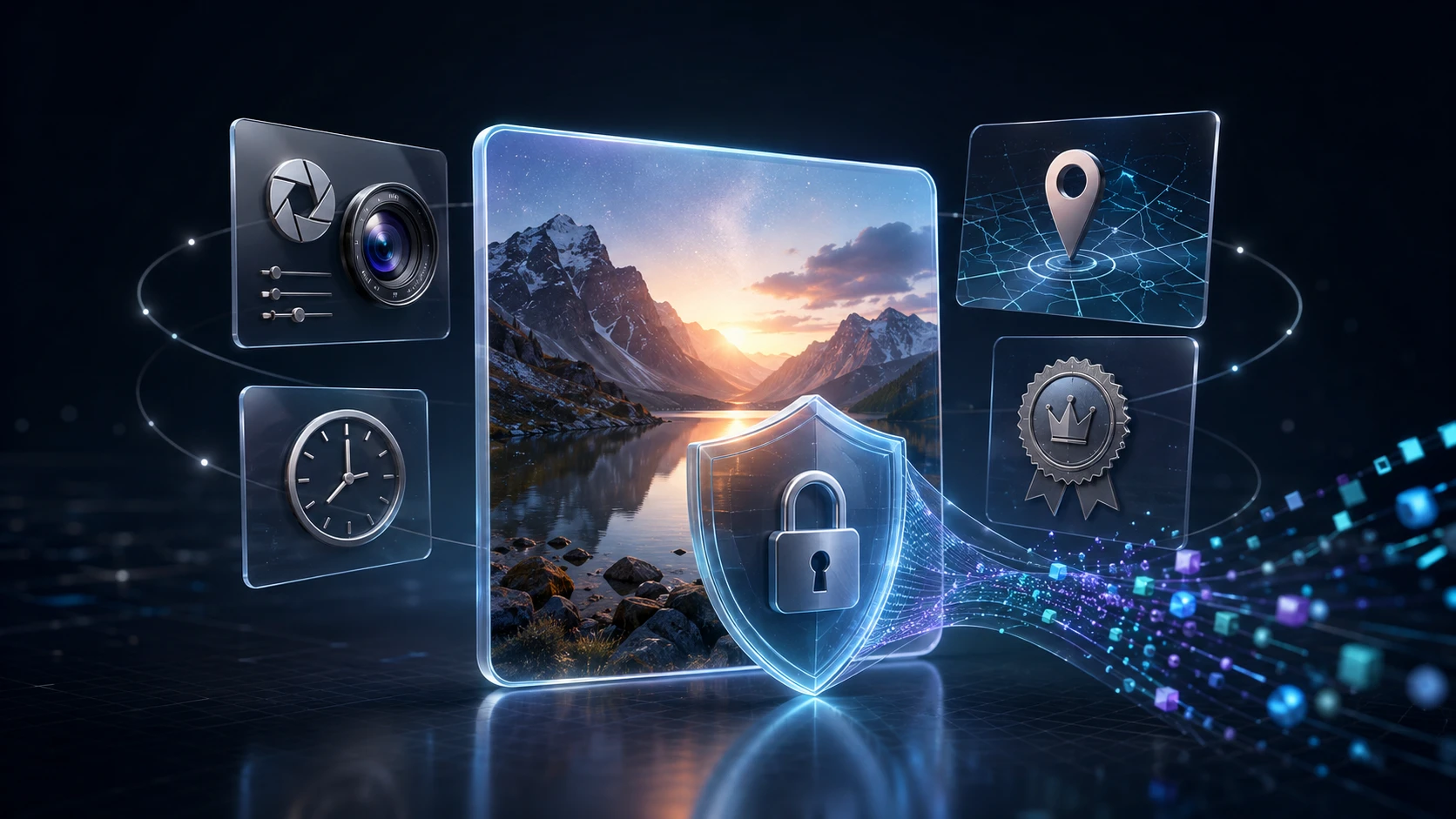 Digital photo surrounded by EXIF, GPS, copyright and privacy symbols representing hidden image metadata